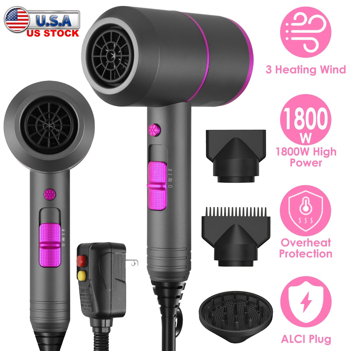1800W Hair Dryer Portable Compact Hair Blow Dryer with Cool/Warm/Hot Wind with Diffuser Concentrator/Comb Nozzle ALCI Plug Overheat Protection for Wom Gamba Beauty