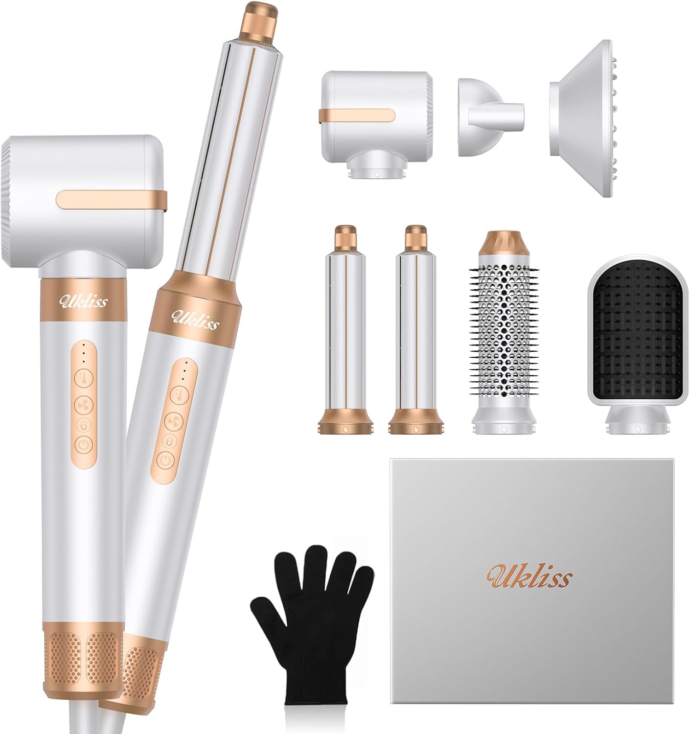 UKLISS Hair Dryer Brush 7 in 1,110000 RPM Hair Dryer with Diffuser for Curly & Twisted Hair Professional Ionic Brush Blow Dryer for Salon-Quality Styling (Blue Gold)