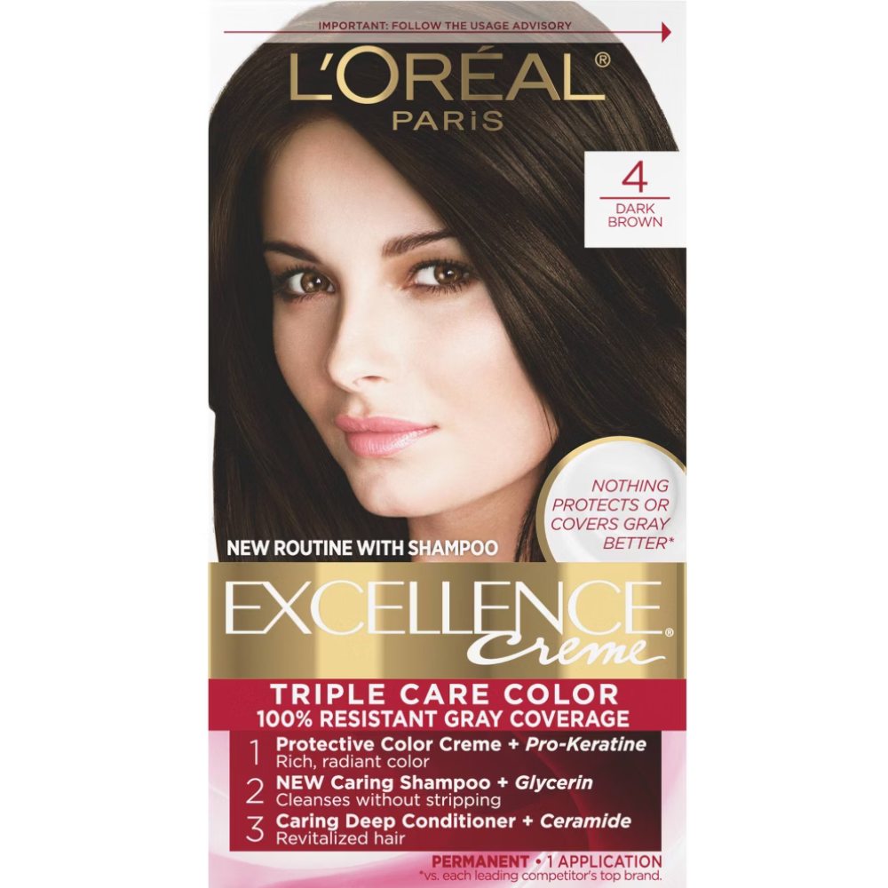 L'Oréal Paris Excellence Triple Protection Permanent Hair Color - 4 Dark Brown (6.3 fl oz) Farmacias Savia