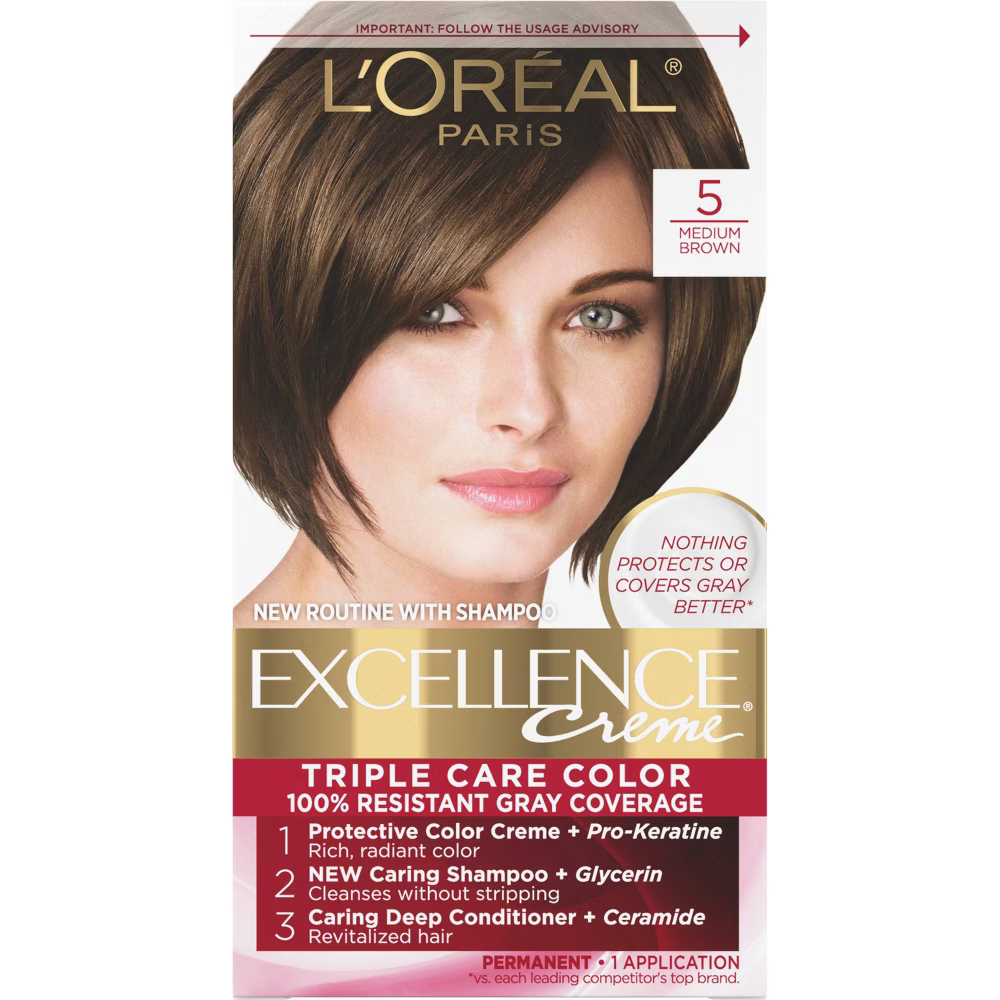 L'Oréal Paris Excellence Triple Protection Permanent Hair Color - 5 Medium Brown (6.3 fl oz) Farmacias Savia