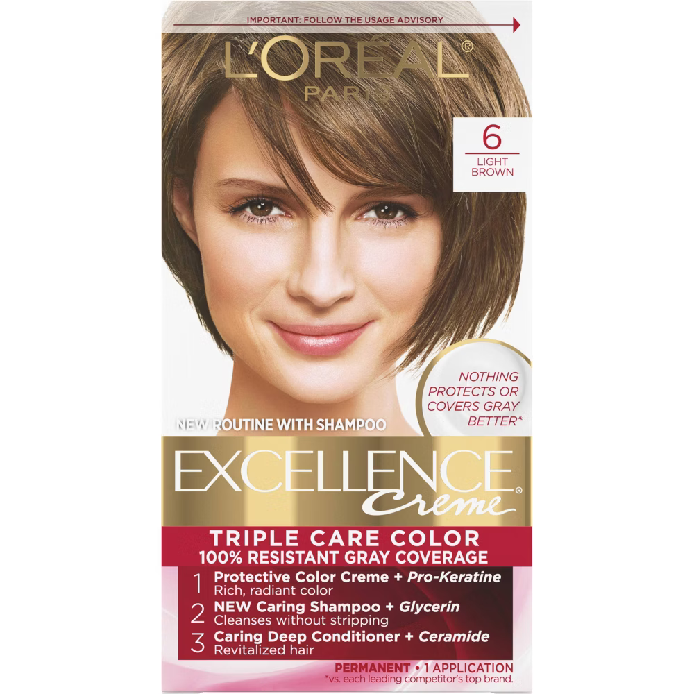 L'Oréal Paris Excellence Triple Protection Permanent Hair Color - 6 Light Brown (6.3 fl oz) Farmacias Savia