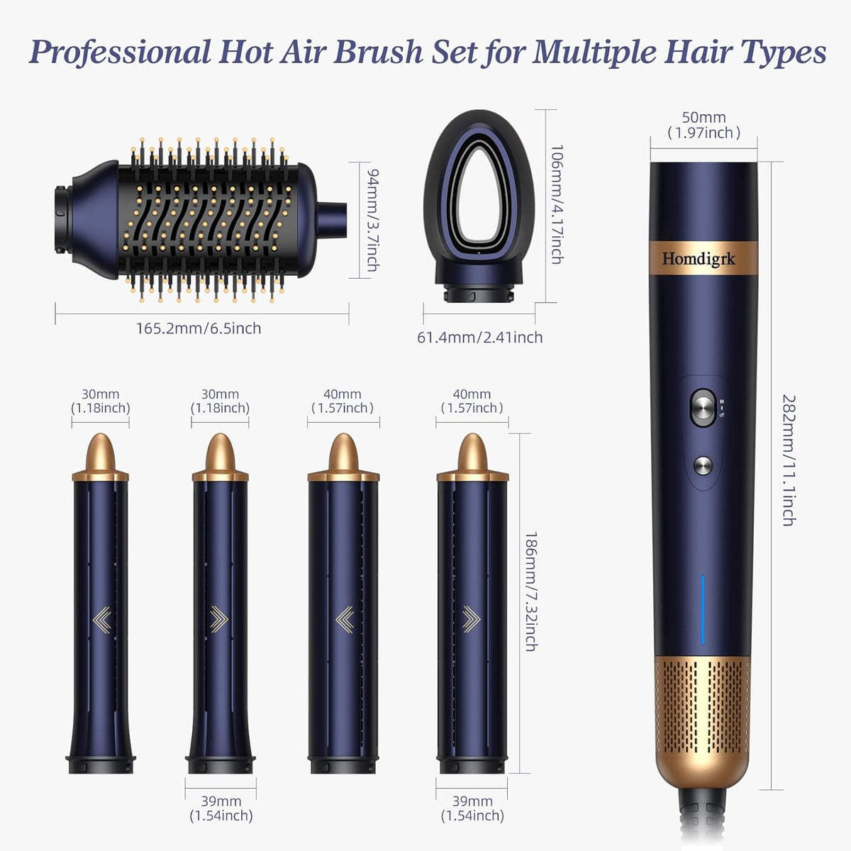 6-in-1 Hair Dryer Brush & Curling Iron Set, Hot Air Styler Hair Curler for Fast Drying, Smoothing & Volumizing, No Heat Damage, Professional Blowout Tool with Travel Case - Prussian Blue 7DAY'S