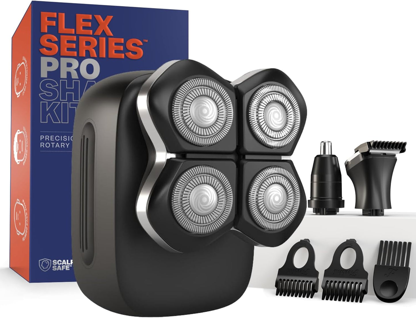 Freebird FlexSeries Electric Head & Body Hair Shaver - Mens Cordless Rechargeable Wet/Dry Skull Bald Head Back & Groin Waterproof Razor with Rotary Blades, Clippers, Nose Trimmer, Brush, Massager