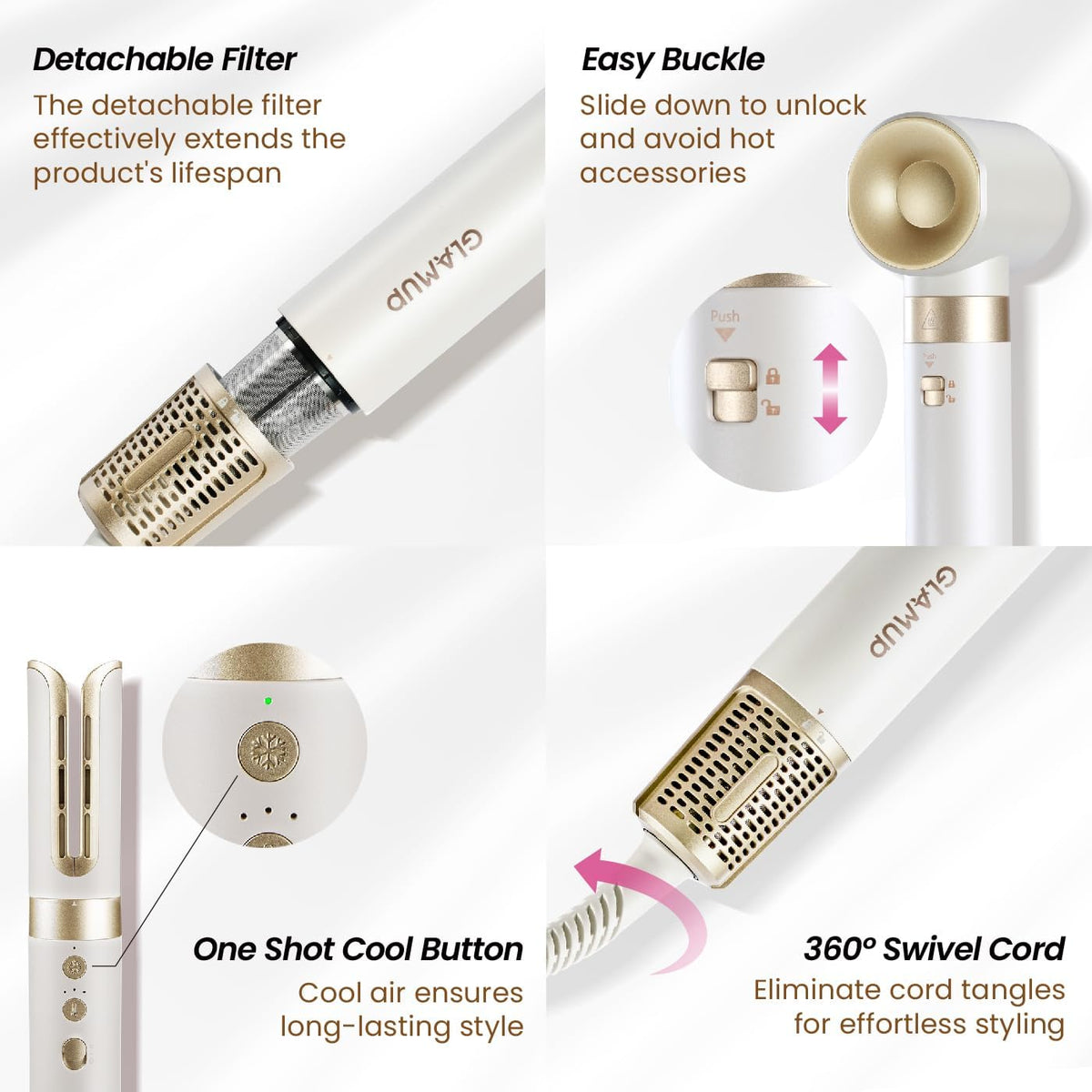 GLAMUP® 6 in 1 Hot Air Styler, Upgraded Long Barrel, Round Brush, Powerful High Speed Dryer, Tight Grip, Curling Volumizing Gift Set with Travel Bag 7DAY'S