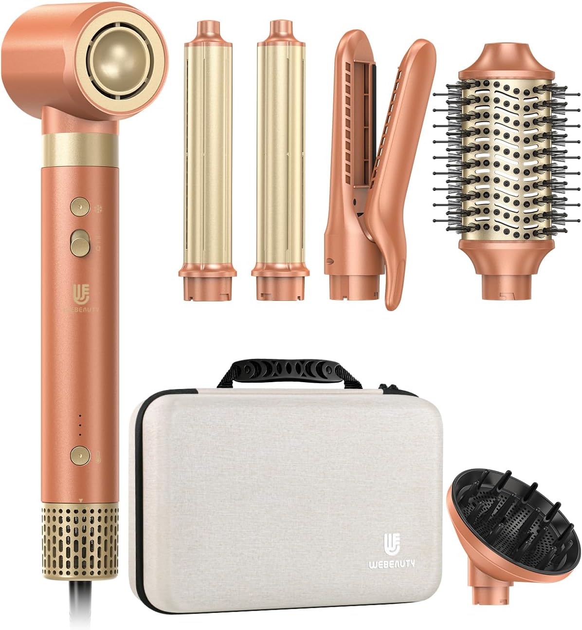 Hair Dryer Brush 8-in-1 Dual Voltage Hot Air Styler – Fast-Drying 110,000 RPM Ionic Blow Dryer with Straightener & Curler Attachments, Frizz-Free Volumizing Styler with Protective Hard Case-Pink