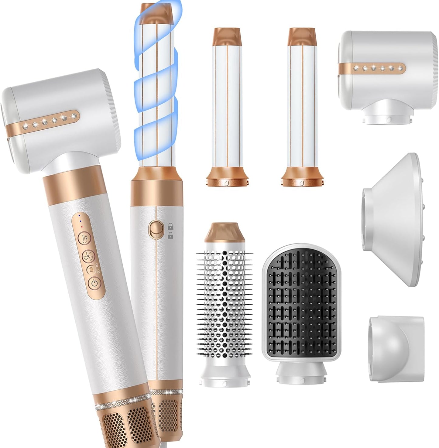Blow Dryer Brush 7 in ONE,Autowrap Curling Wand, 110,000 RPM High-Speed Negative Ionic Hair Dryer with Diffuser Concentrator, Round Brush Blow Dryer Air Styler, Volumizing Hair Styling Tools