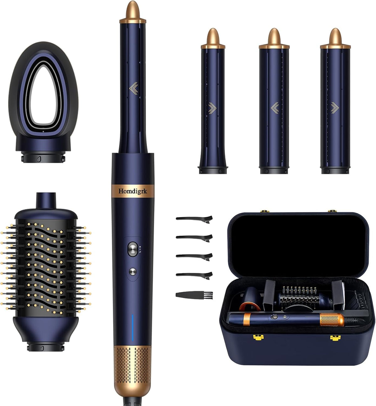 6-in-1 Hair Dryer Brush & Curling Iron Set, Hot Air Styler Hair Curler for Fast Drying, Smoothing & Volumizing, No Heat Damage, Professional Blowout Tool with Travel Case - Prussian Blue 7DAY'S