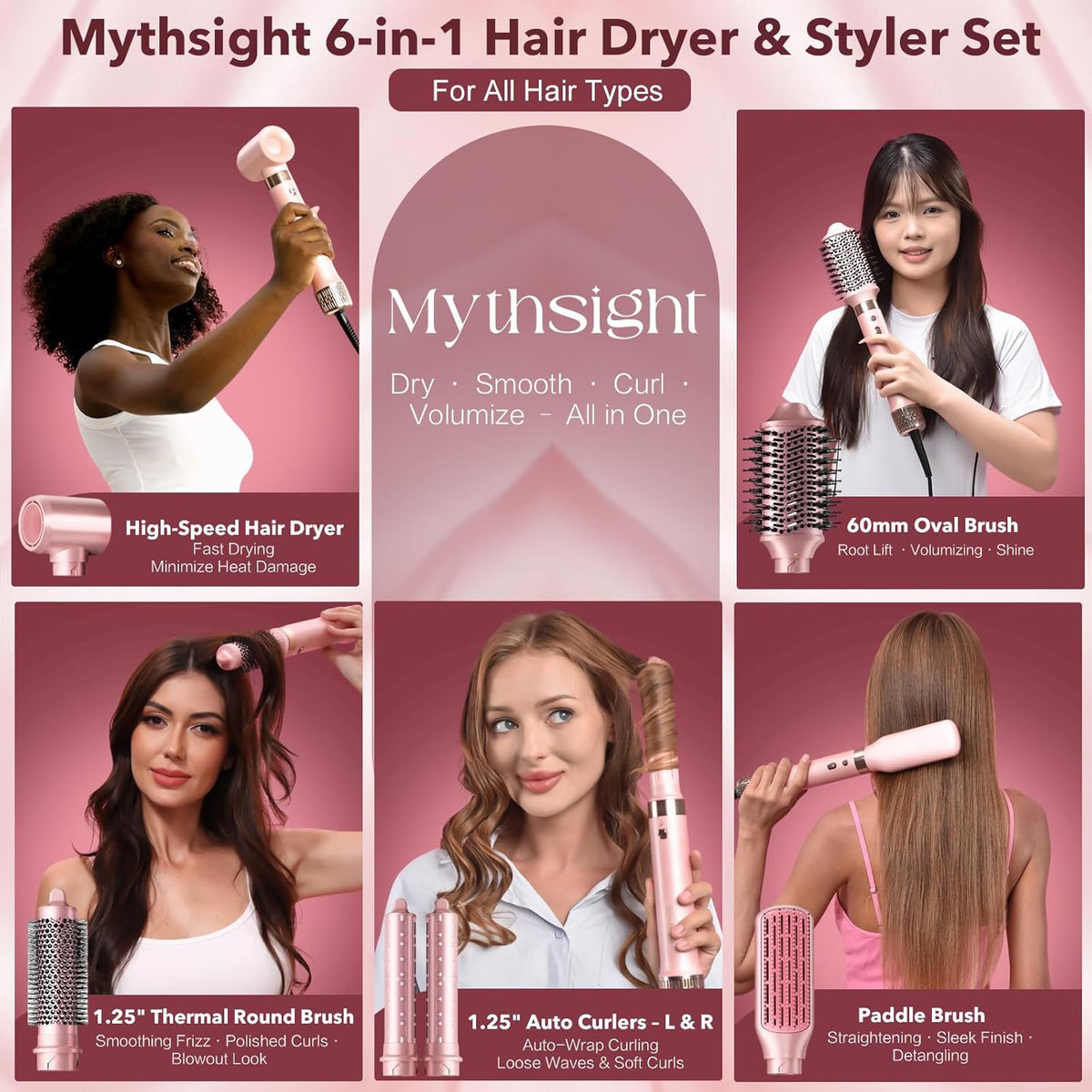 StyleVibe 6-in-1 Air Styler, Hair Dryer & Blow Dryer Brush with Auto Wrap Curl L/R, Fast Drying, Smooth Blowouts, Root-Lift Volume, No Heat Damage Frizz-Free Thermal Brush with Travel Bag 7DAY'S