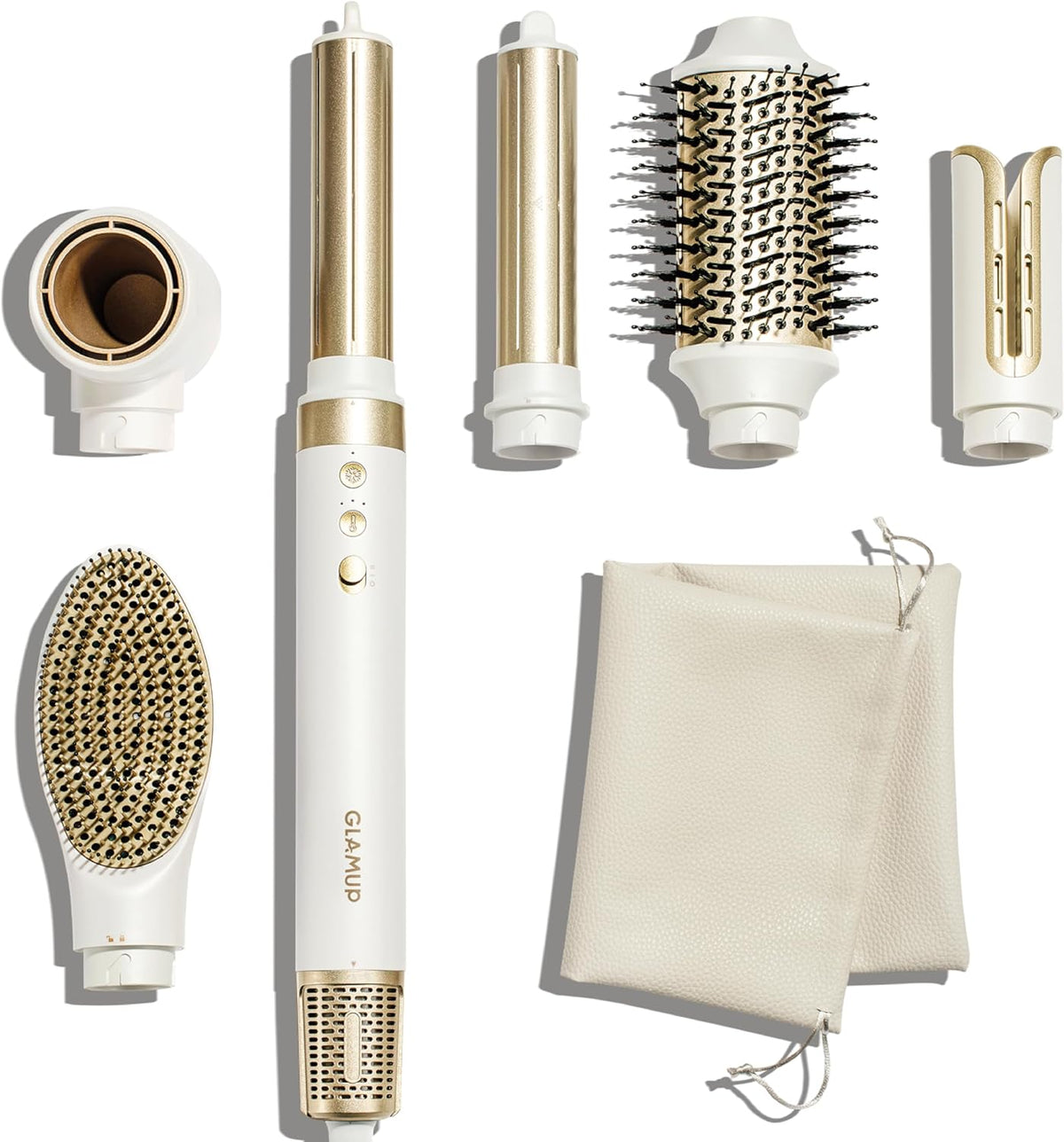 GLAMUP® 6 in 1 Hot Air Styler, Upgraded Long Barrel, Round Brush, Powerful High Speed Dryer, Tight Grip, Curling Volumizing Gift Set with Travel Bag 7DAY'S