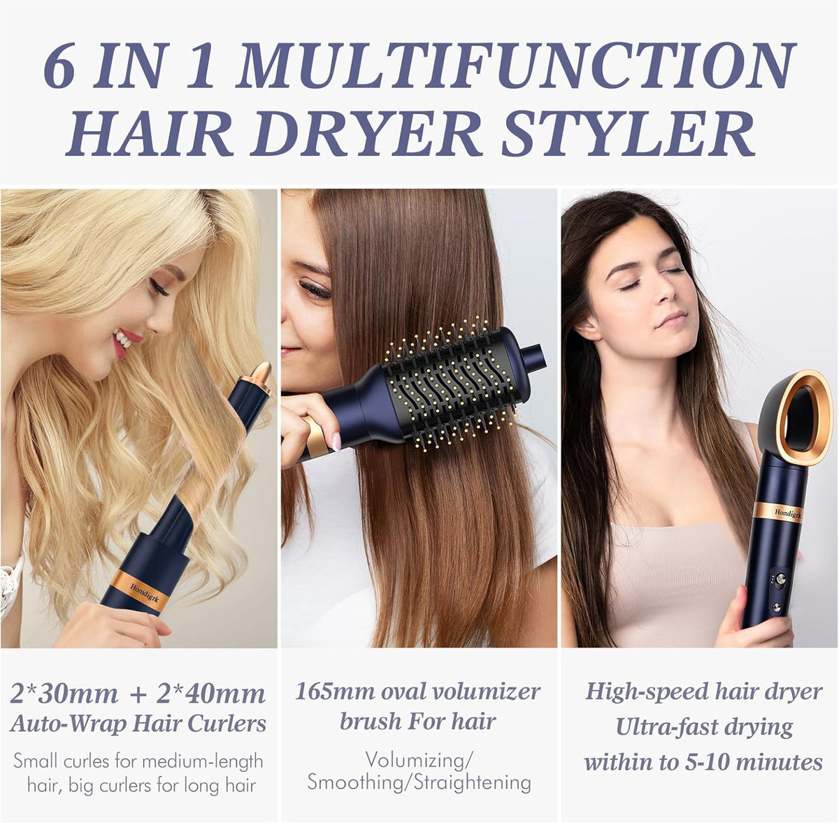 6-in-1 Hair Dryer Brush & Curling Iron Set, Hot Air Styler Hair Curler for Fast Drying, Smoothing & Volumizing, No Heat Damage, Professional Blowout Tool with Travel Case - Prussian Blue 7DAY'S