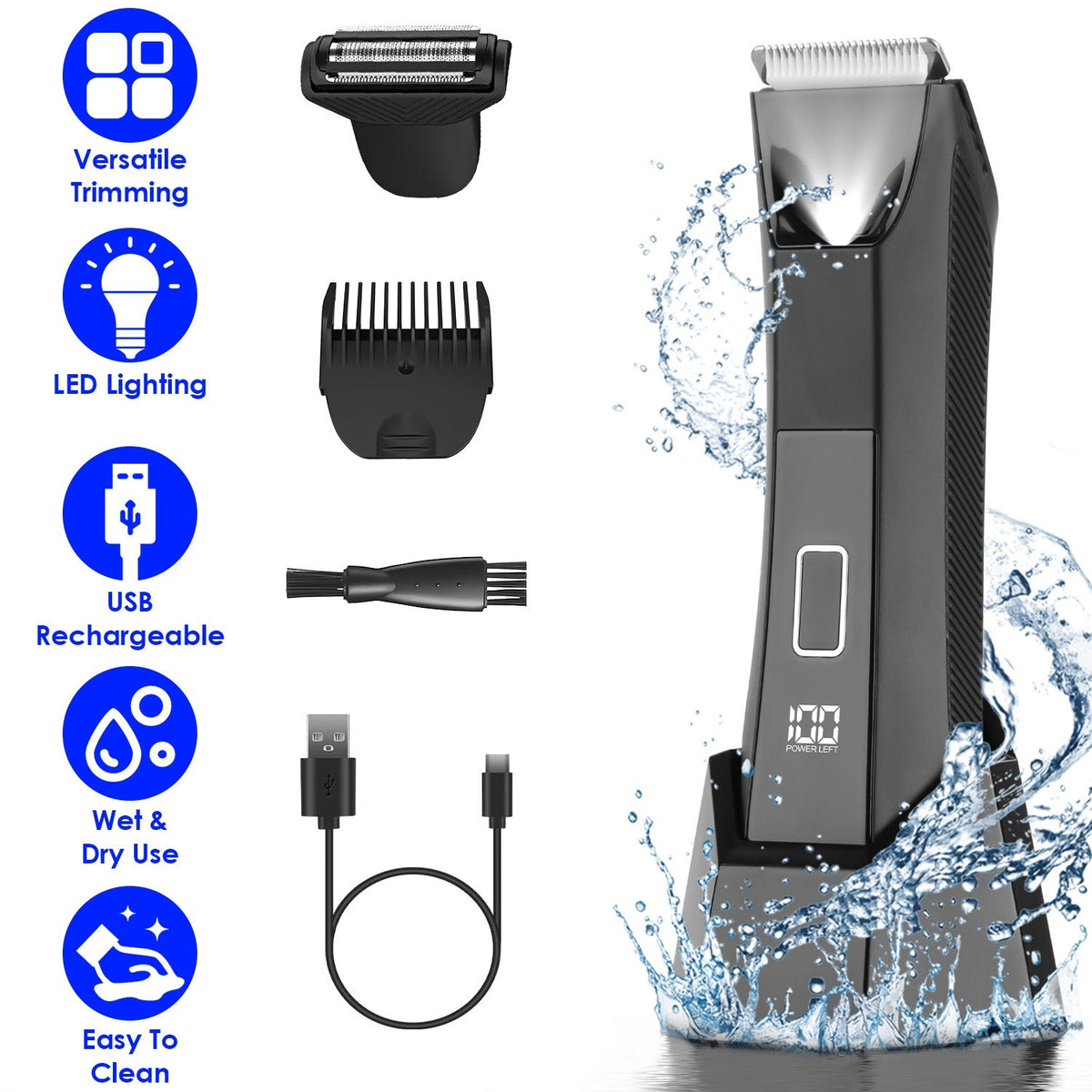 2 In 1 Electric Body Trimmer for Men Cordless Beard Groin Ball Pubic Hair Shaver IPX7 Waterproof Razor with LED Light LCD Display Guard Comb Shaving H GBruno Store