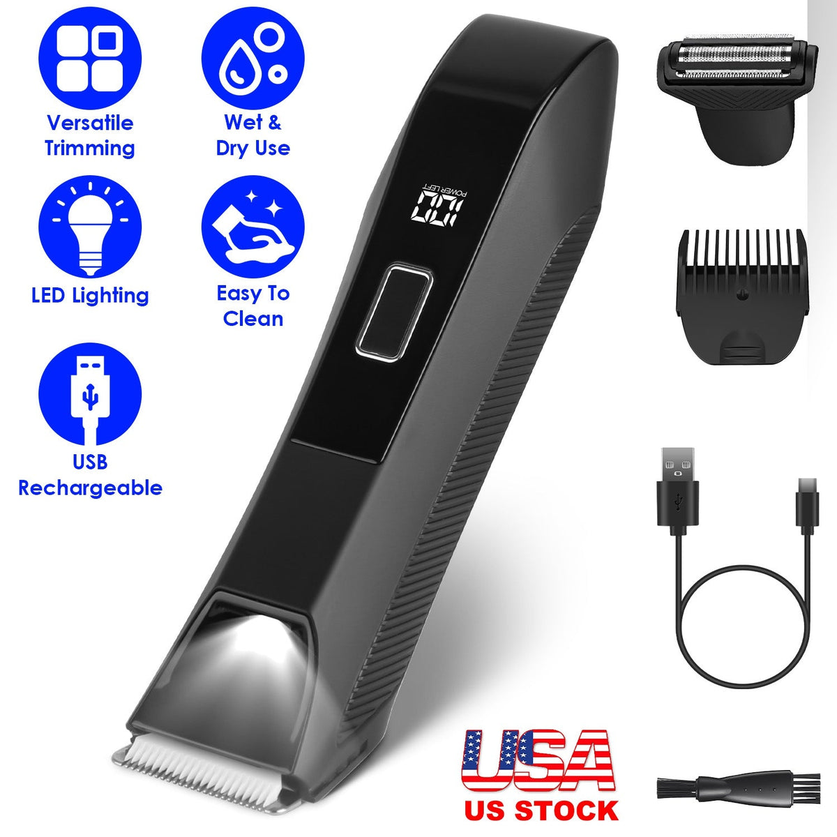 2 In 1 Electric Body Trimmer for Men Cordless Beard Groin Ball Pubic Hair Shaver IPX7 Waterproof Razor with LED Light LCD Display Guard Comb Shaving H GBruno Store