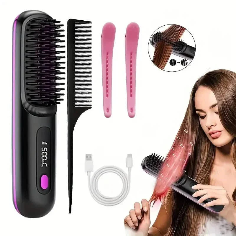 Portable Wireless Hair Straightener Comb – USB Rechargeable, 3-Speed, Negative Ion EasyOptionXY
