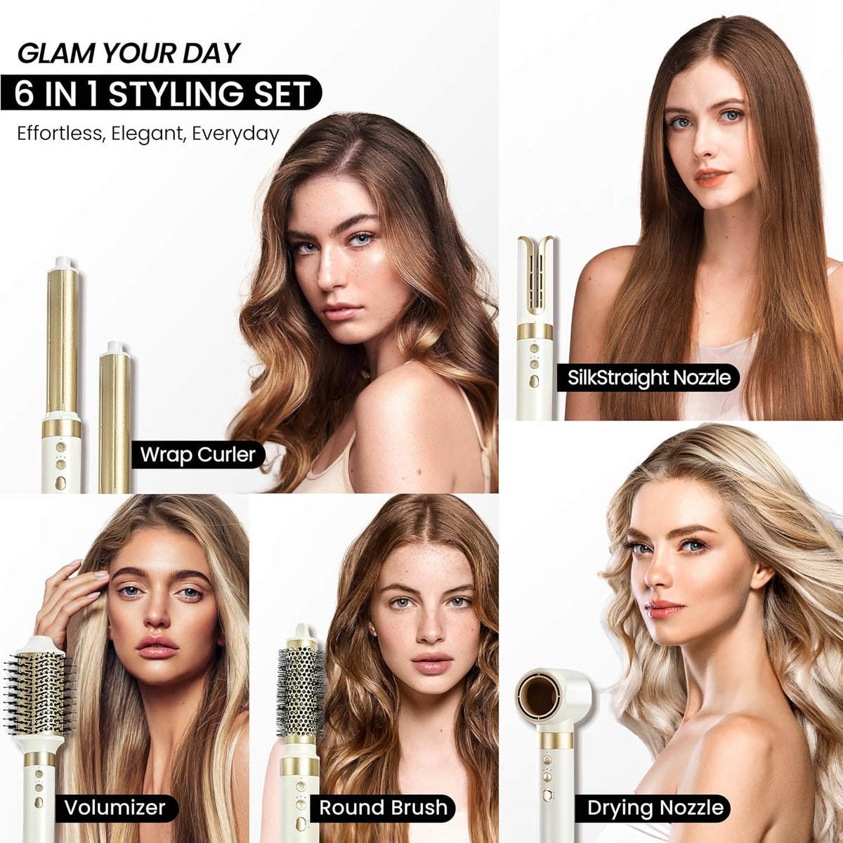 GLAMUP® 6 in 1 Hot Air Styler, Upgraded Long Barrel, Round Brush, Powerful High Speed Dryer, Tight Grip, Curling Volumizing Gift Set with Travel Bag 7DAY'S
