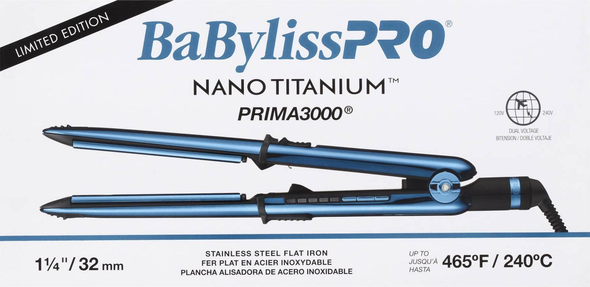 BABYLISSPRO NANO TITANIUM LIMITED EDITION BLACK AND BLUE 1.25 INCH PRIMA STAINLESS STEEL FLAT IRON My Beauty Site Pro