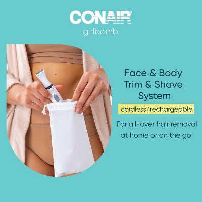 Conair Girlbomb Wet and Dry Cordless Rechargeable Face Shaver with Nose, Ear, Eyebrow and Bikini Trimmer Attachments Set 6pc - Imperfect Box This is Beauty US