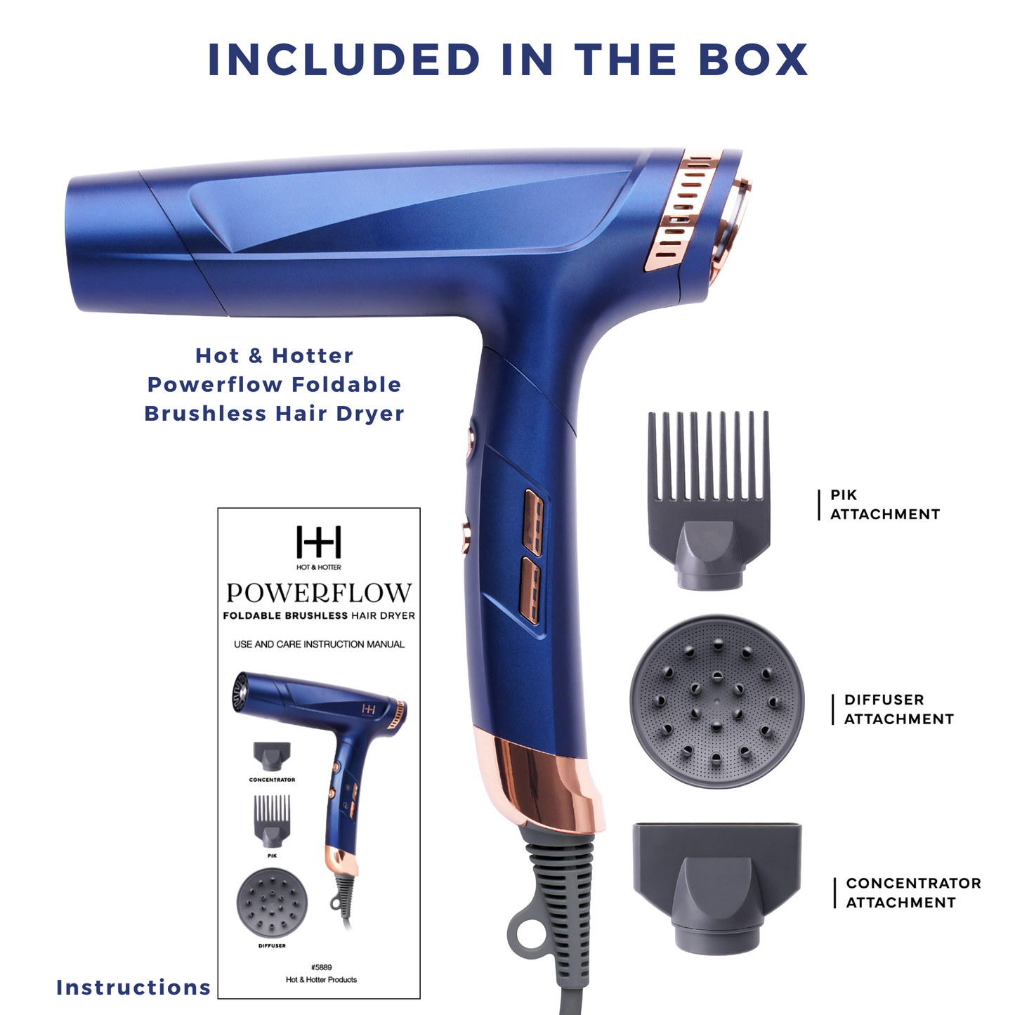 Hot & Hotter Powerflow Foldable Brushless Hair Dryer, 1 Count, Blue Annie International, Inc.