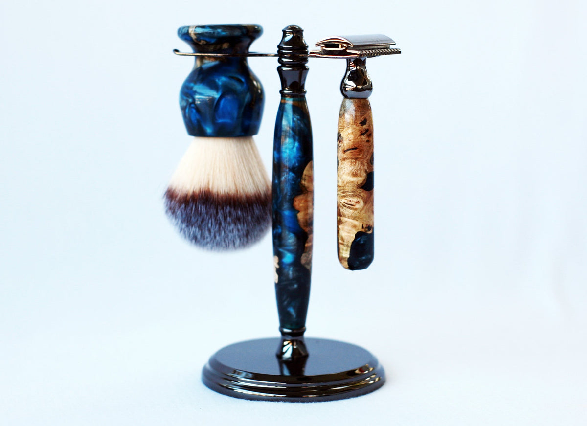 Buckeye Burl Shave Set – Handmade Safety Razor, 26mm Synthetic Shaving Brush & Stand – Blue Resin Wet Shaving Kit – Luxury Men’s Grooming Gift CreationsByWill