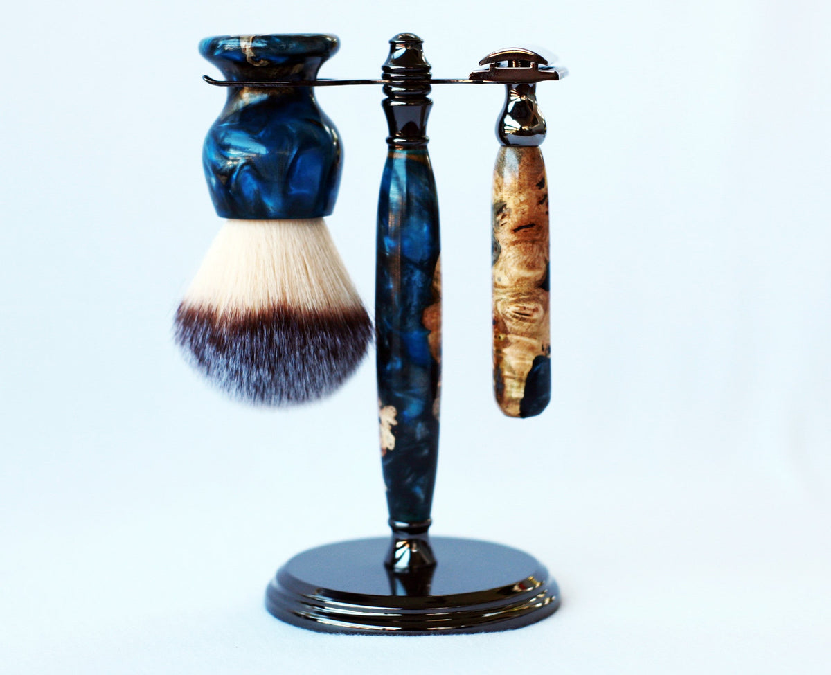 Buckeye Burl Shave Set – Handmade Safety Razor, 26mm Synthetic Shaving Brush & Stand – Blue Resin Wet Shaving Kit – Luxury Men’s Grooming Gift CreationsByWill