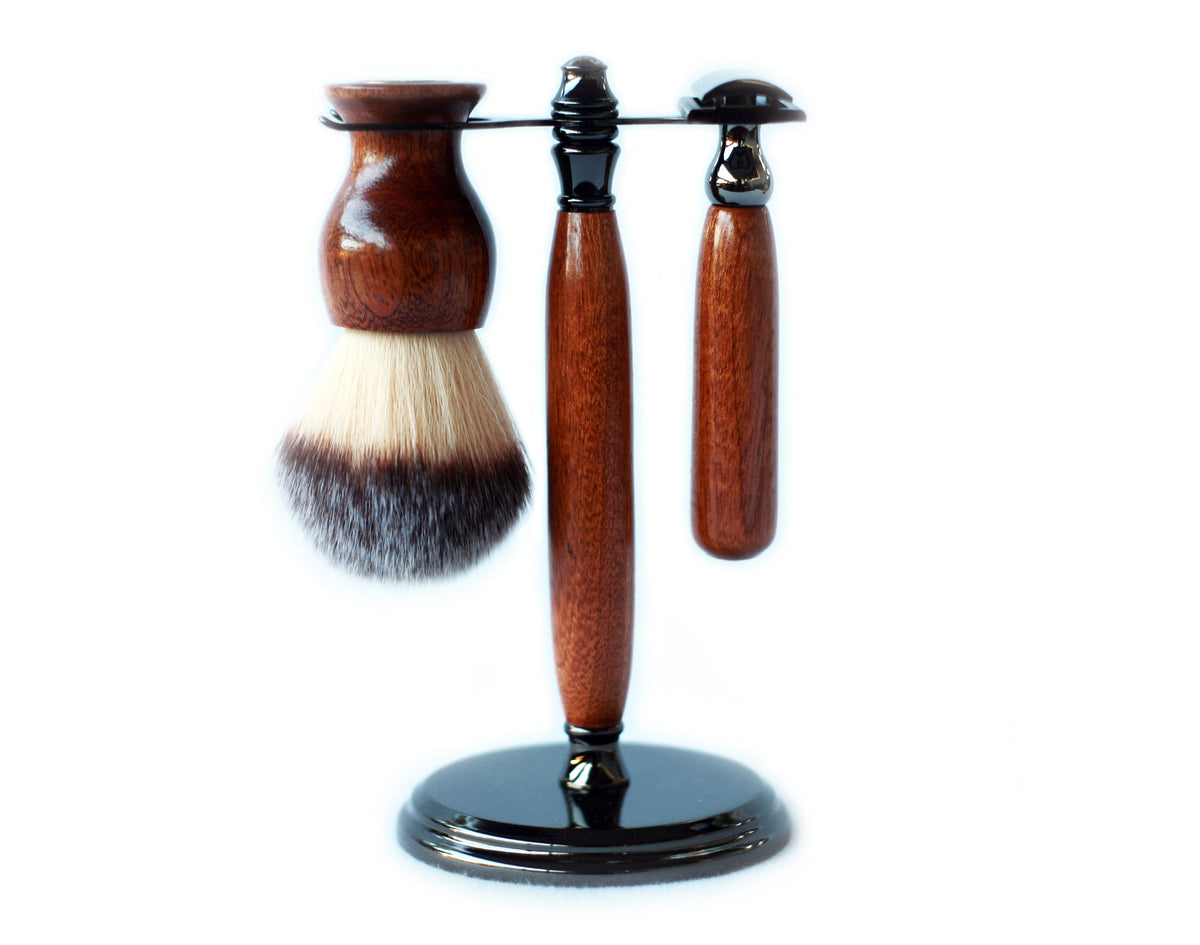 Mahogany Wood Hand Crafted Shave Set with Gunmetal Safety Razor, 26mm Lather Brush, and Matching Shave Stand CreationsByWill