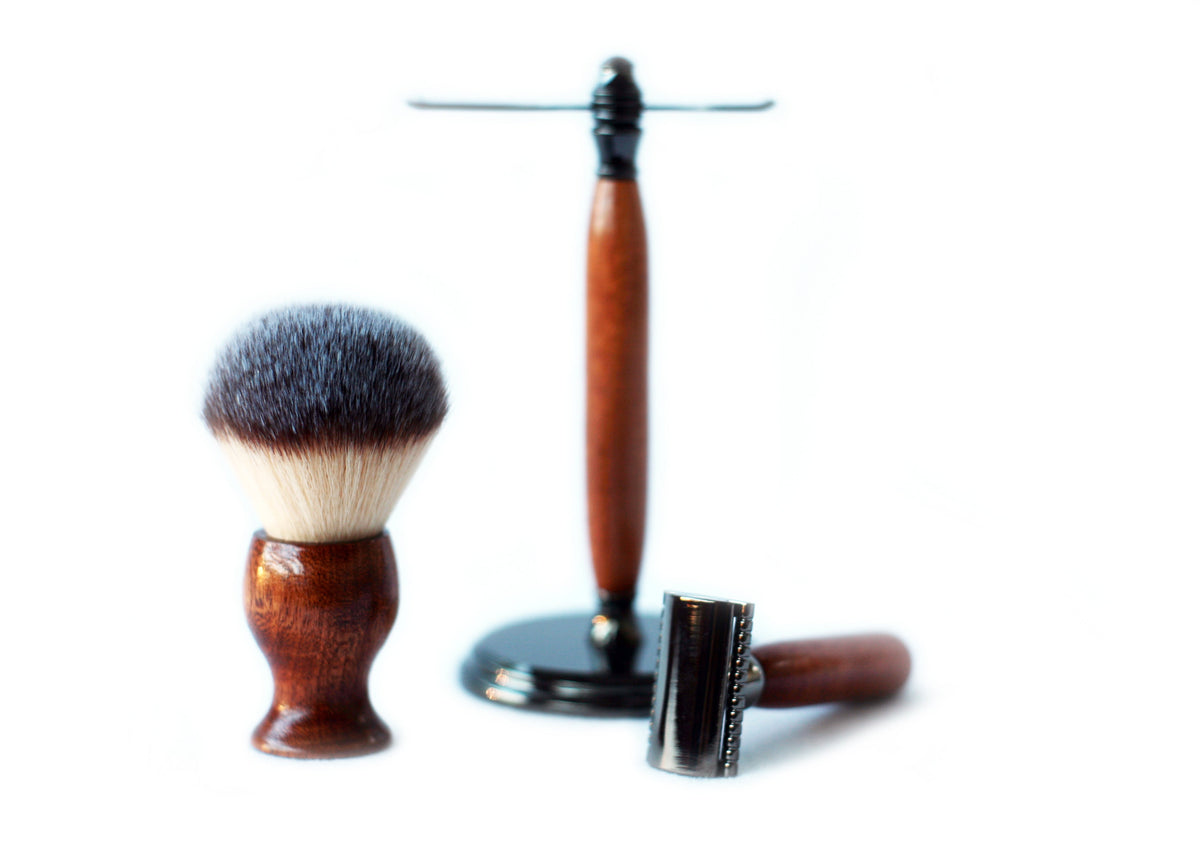 Mahogany Wood Hand Crafted Shave Set with Gunmetal Safety Razor, 26mm Lather Brush, and Matching Shave Stand CreationsByWill