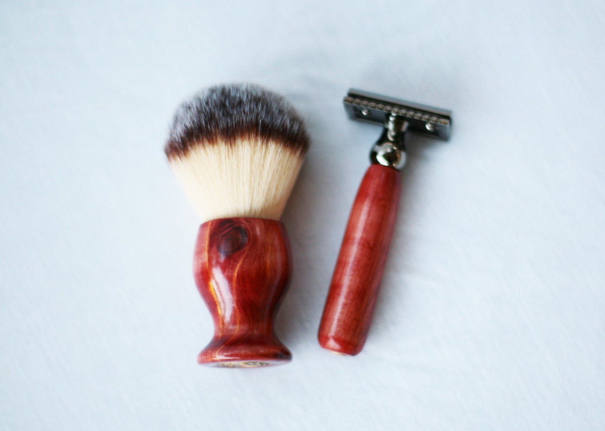 Aromatic Red Cedar Wood Hand Crafted Shave Set, safety razor, 26mm lather brush and a matching shave stand. CreationsByWill