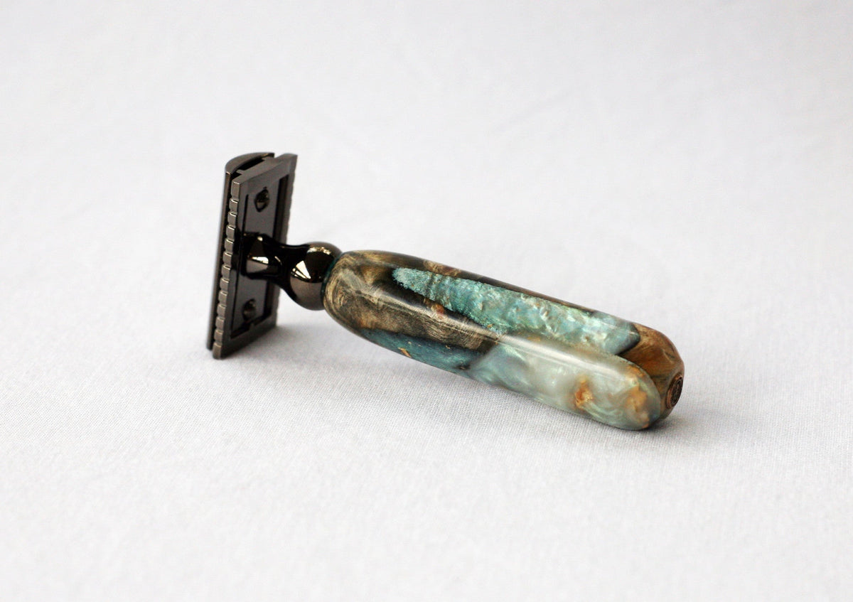 Buckeye Burl Wood Hand Crafted Shave Set with 'Travel to Jupiter'( pearl)Resin safety razor, 26mm lather brush and a matching shave stand. CreationsByWill