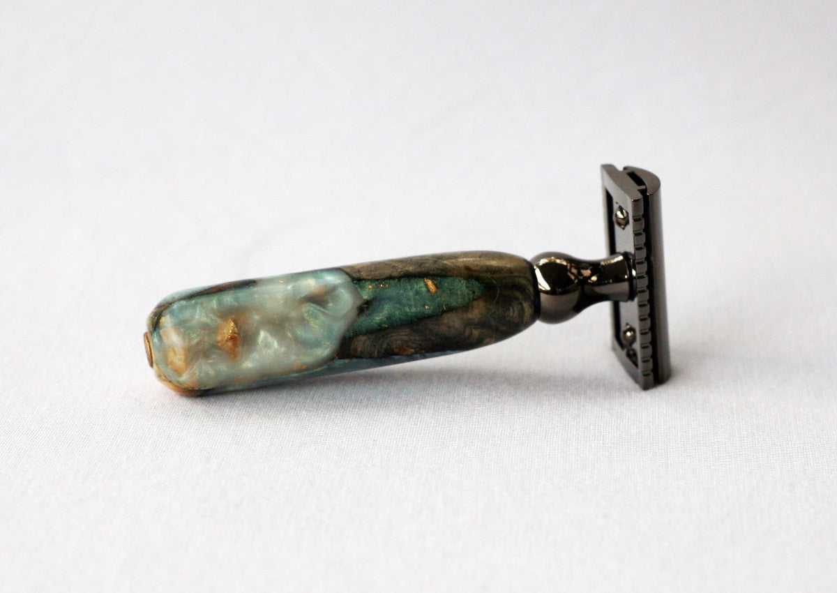 Buckeye Burl Wood Hand Crafted Shave Set with 'Travel to Jupiter'( pearl)Resin safety razor, 26mm lather brush and a matching shave stand. CreationsByWill