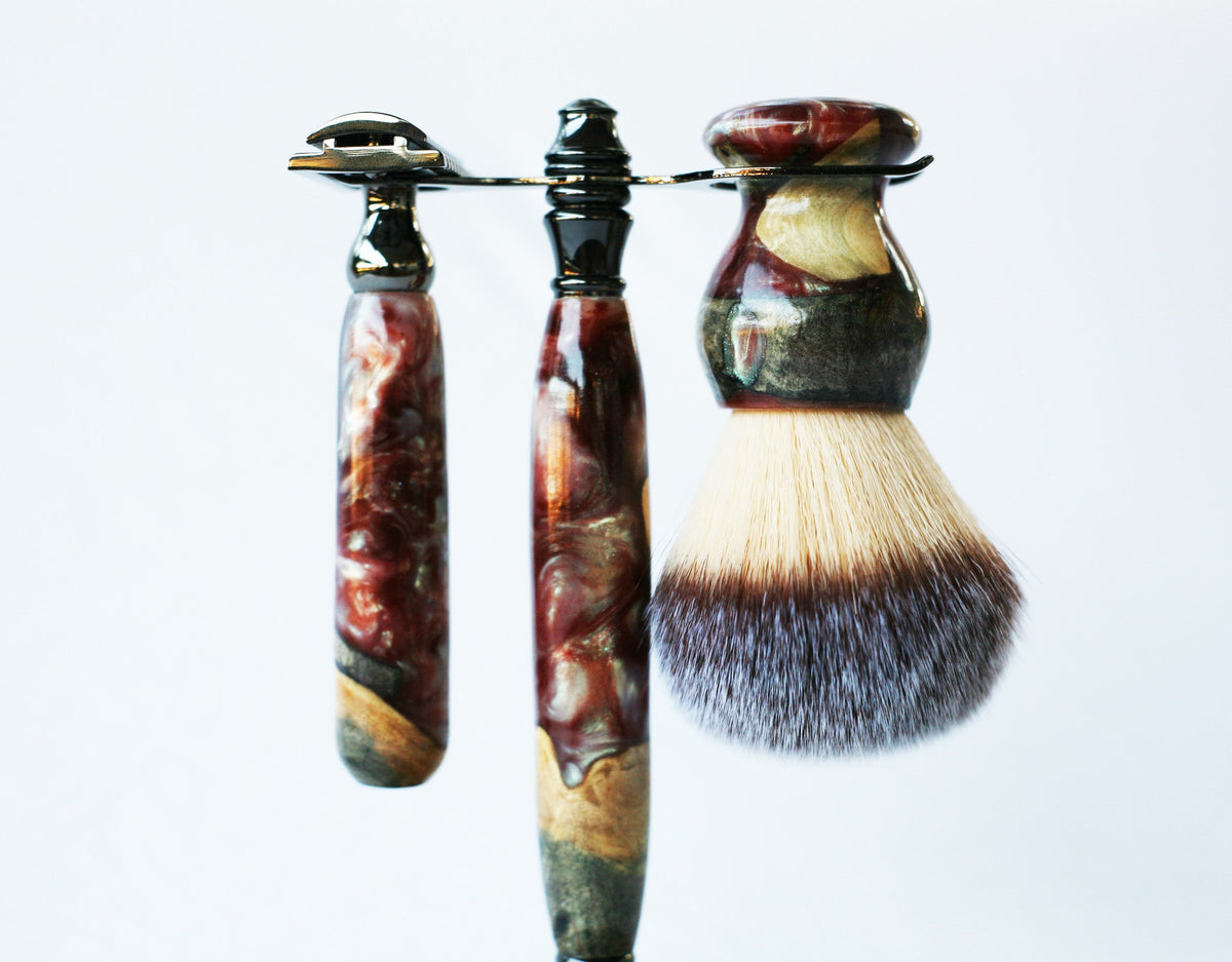 Buckeye Burl Wood Hand Crafted Shave Set with 'Chameleon' Resin safety razor, 26mm lather brush and a matching shave stand. CreationsByWill