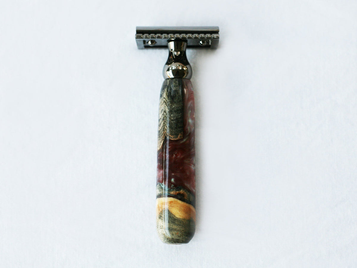 Buckeye Burl Wood Hand Crafted Shave Set with 'Chameleon' Resin safety razor, 26mm lather brush and a matching shave stand. CreationsByWill