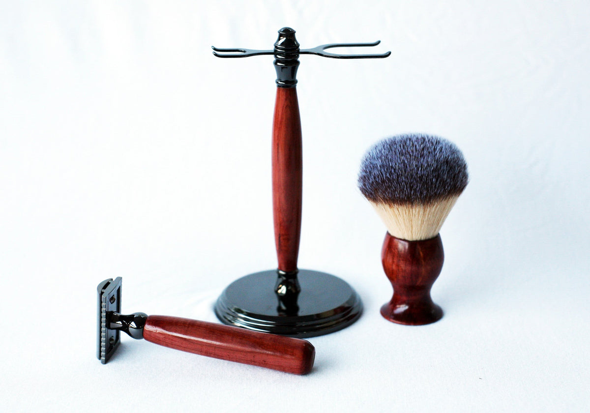 Aromatic Red Cedar Wood Hand Crafted Shave Set, safety razor, 26mm lather brush and a matching shave stand. CreationsByWill