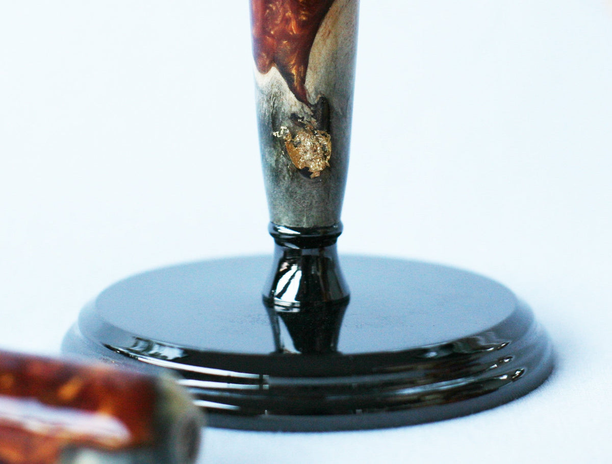 Buckeye Burl Shave Set with Gold and red swirl Resin safety razor, 26mm lather brush and a matching shave stand. CreationsByWill