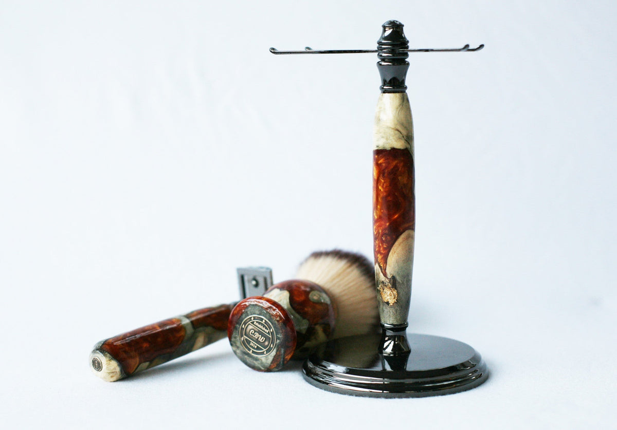 Buckeye Burl Shave Set with Gold and red swirl Resin safety razor, 26mm lather brush and a matching shave stand. CreationsByWill