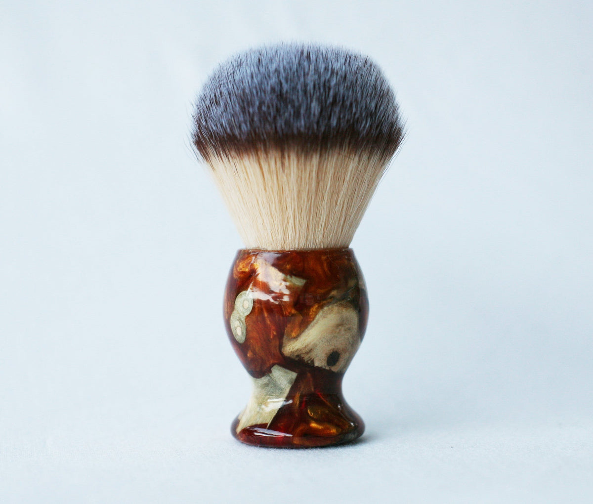 Buckeye Burl Shave Set with Gold and red swirl Resin safety razor, 26mm lather brush and a matching shave stand. CreationsByWill