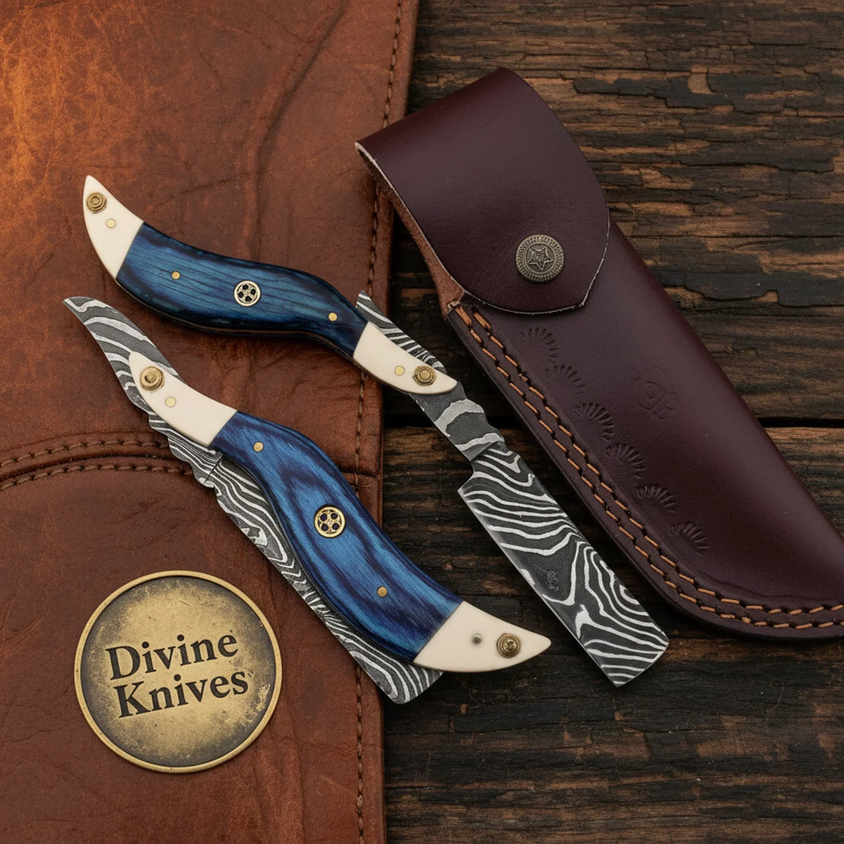 Blue Resin Handle Damascus Straight Razor for Traditional Shaving Divine Knives