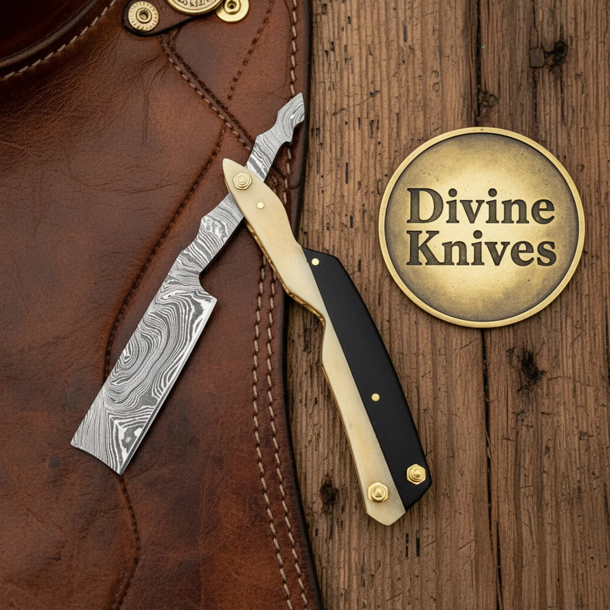 Two-Tone Horn Handle Damascus Straight Razor Divine Knives