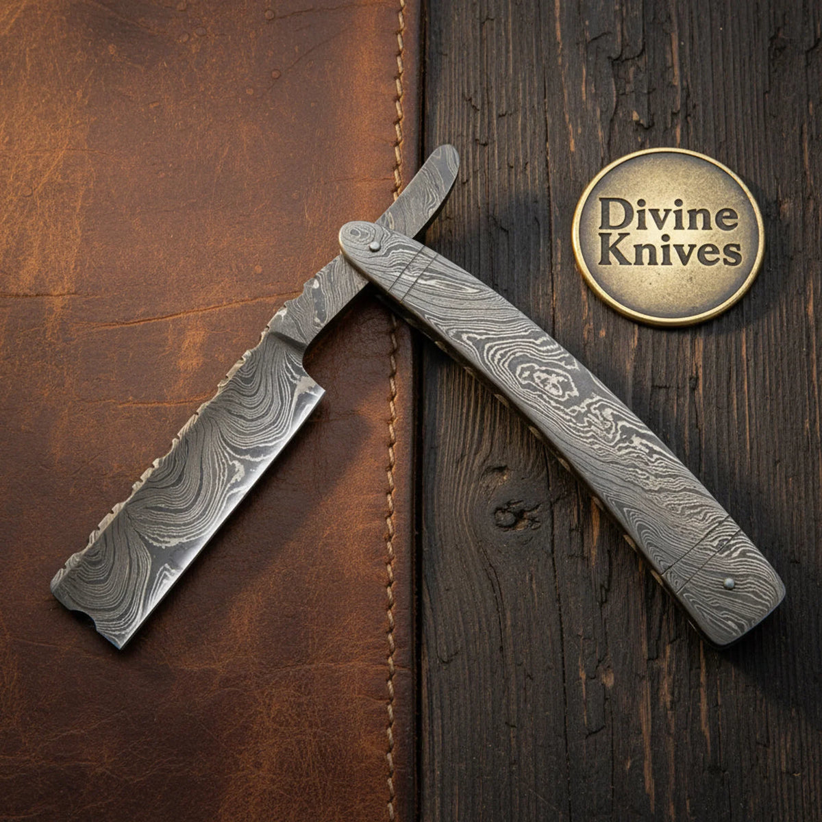 Full Damascus Straight Razor – Handcrafted All-Steel Cut-Throat Razor with 4-Inch Blade Divine Knives