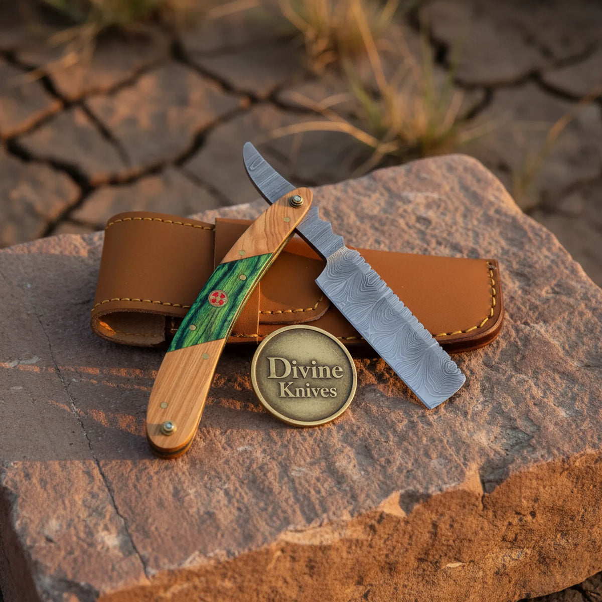Green Pakkawood Damascus Straight Razor with Mosaic Pin – Handcrafted 4-Inch Cut-Throat Razor Divine Knives