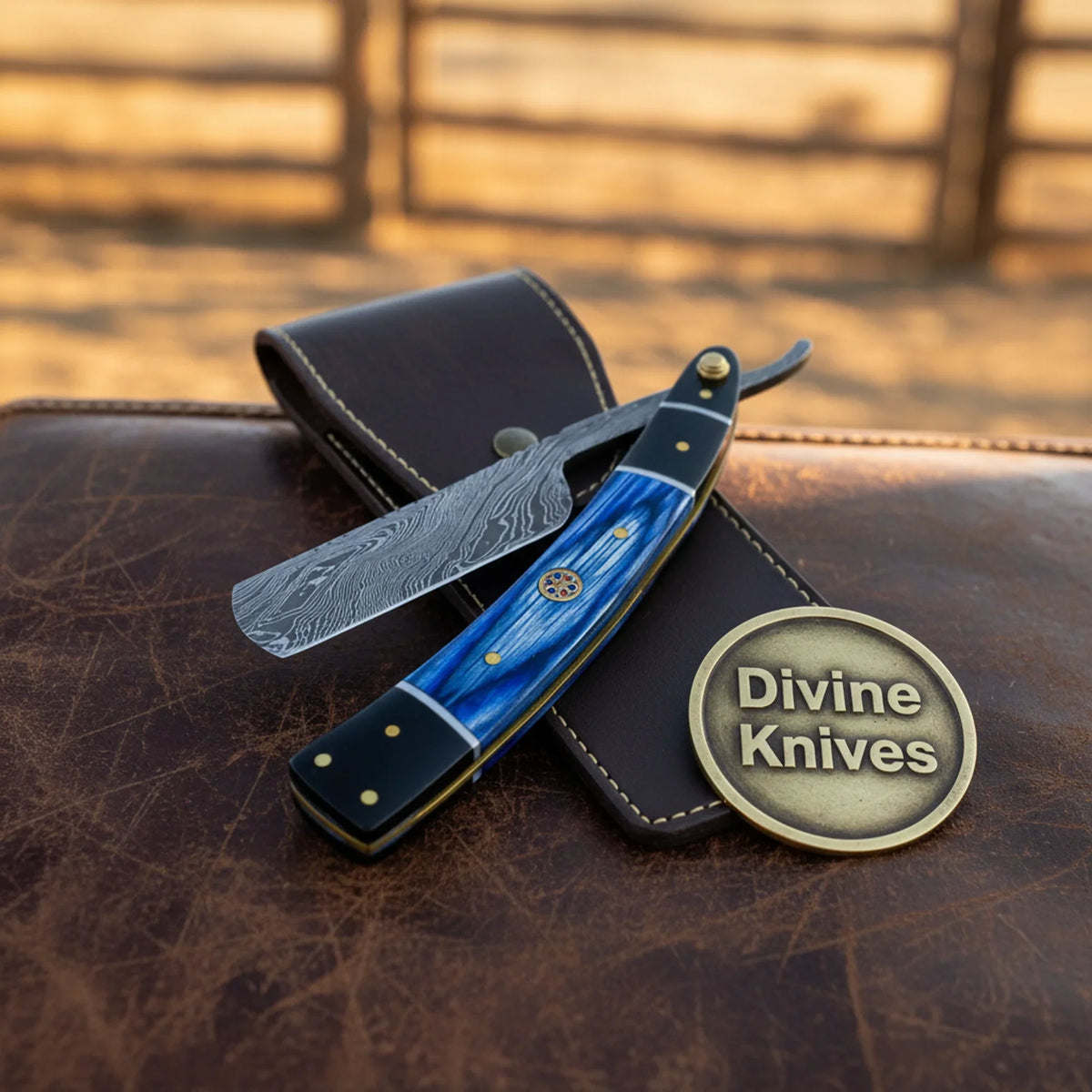 Twisted Damascus Straight Razor with Blue & Black Handle – Handcrafted Cut-Throat Razor with 4-Inch Edge Divine Knives
