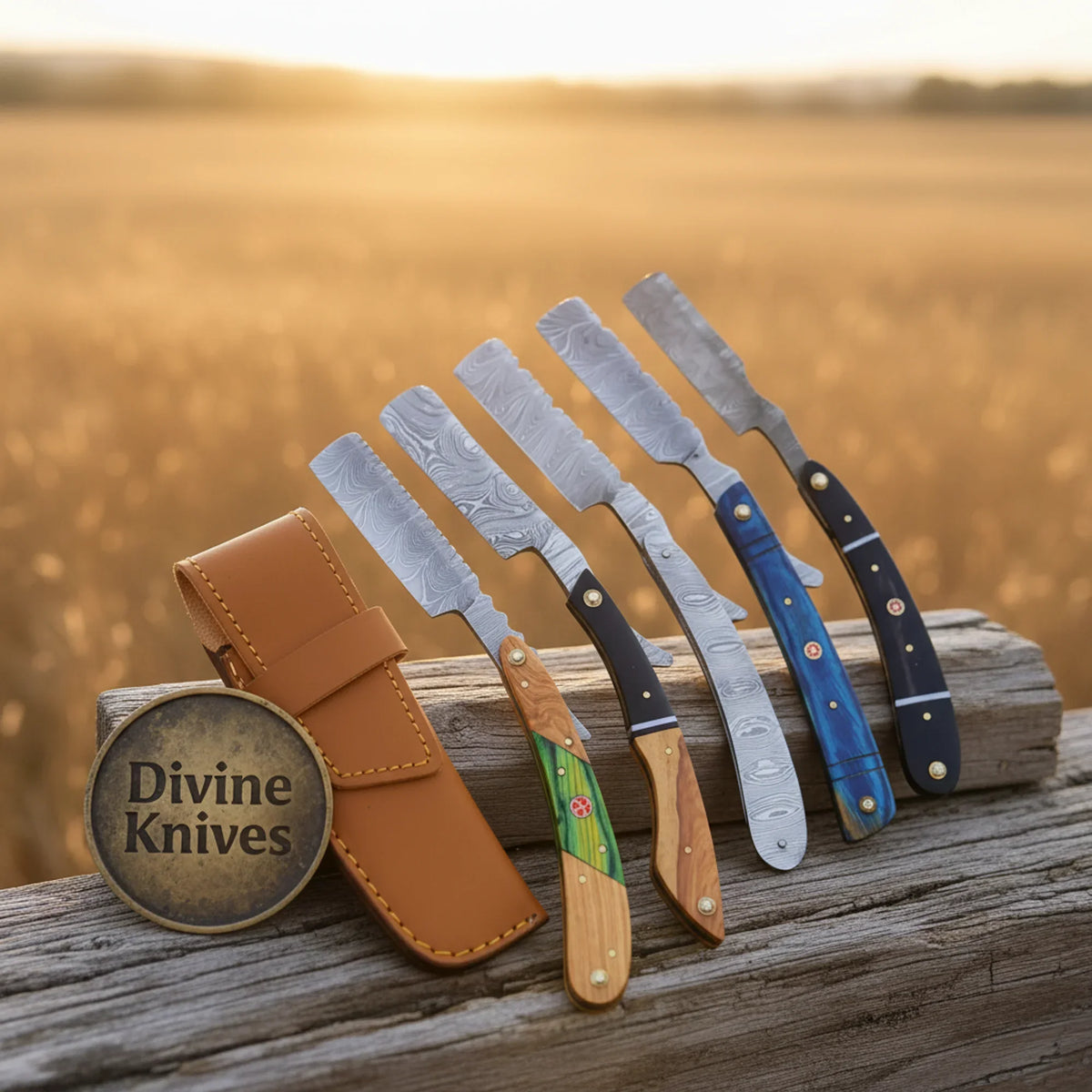 Damascus Straight Razor Set of 5 with Leather Pouch – Handcrafted Cut-Throat Razor Collection Divine Knives
