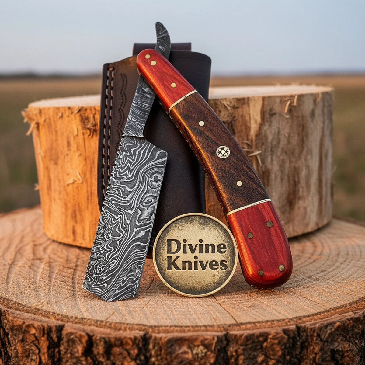 Rosewood & Tali Damascus Straight Razor – Handcrafted Cut-Throat Razor with Brass Pins & Sheath Divine Knives