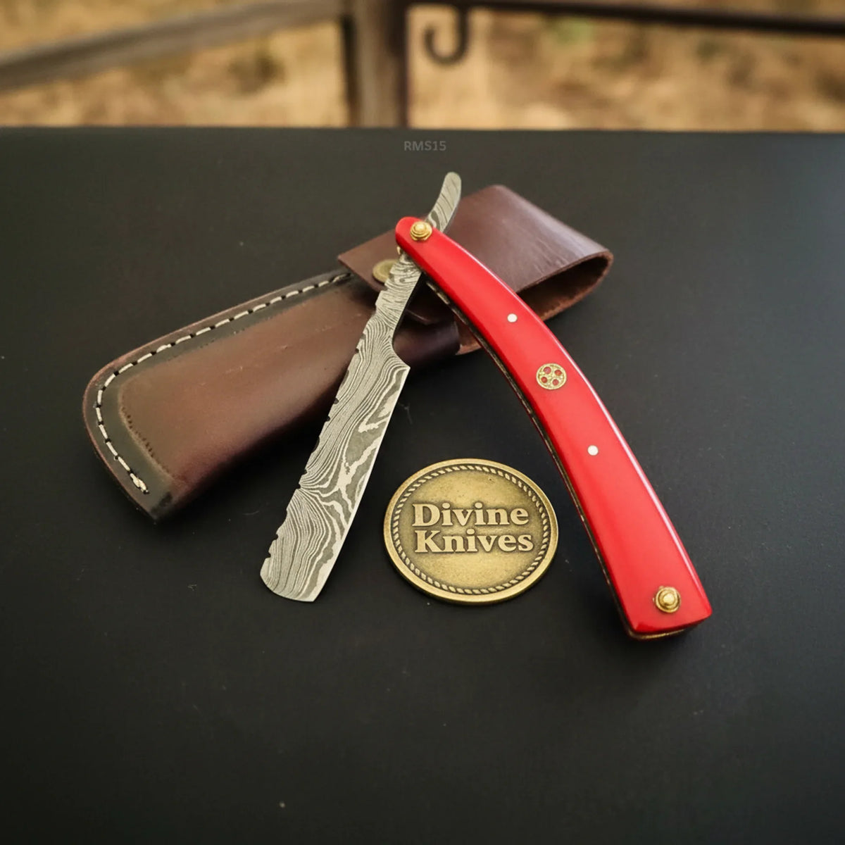 Red Pakkawood Damascus Straight Razor – Handcrafted Cut-Throat Razor with Brass Pin Divine Knives