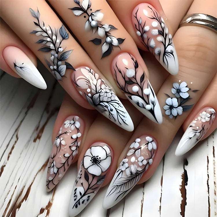 24pcs/set Medium long fake nails for women Spring summer flowers butterfly bee design faux ongles tips press on false nail art Blushimmer
