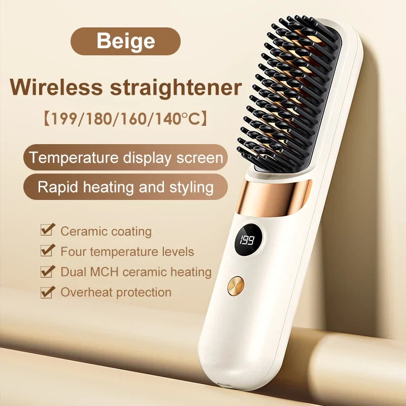 Electric Hair Straightener Brush Rechargeable Ceramic Styling Comb with Temperature Display for Women Daily Care FLIPSTYLEZLLC