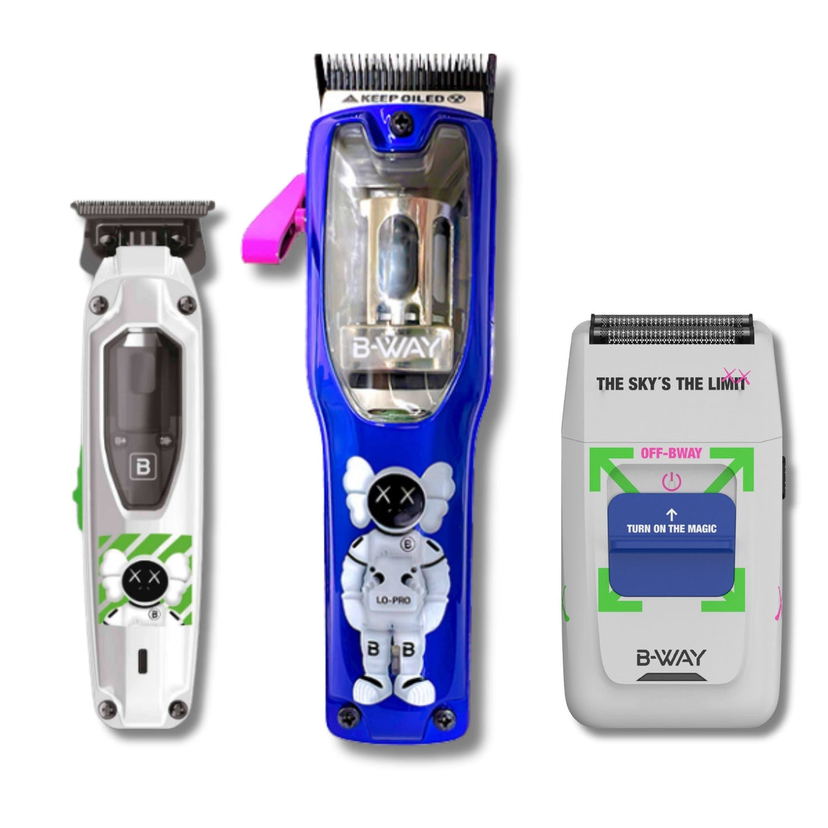 B-Way Lo-Pro X Brushless Clipper, T-Pro Brushless Trimmer & OFF Shaver – Professional 3-in-1 Barber Set + FREE Barber Cape RT-Way USA