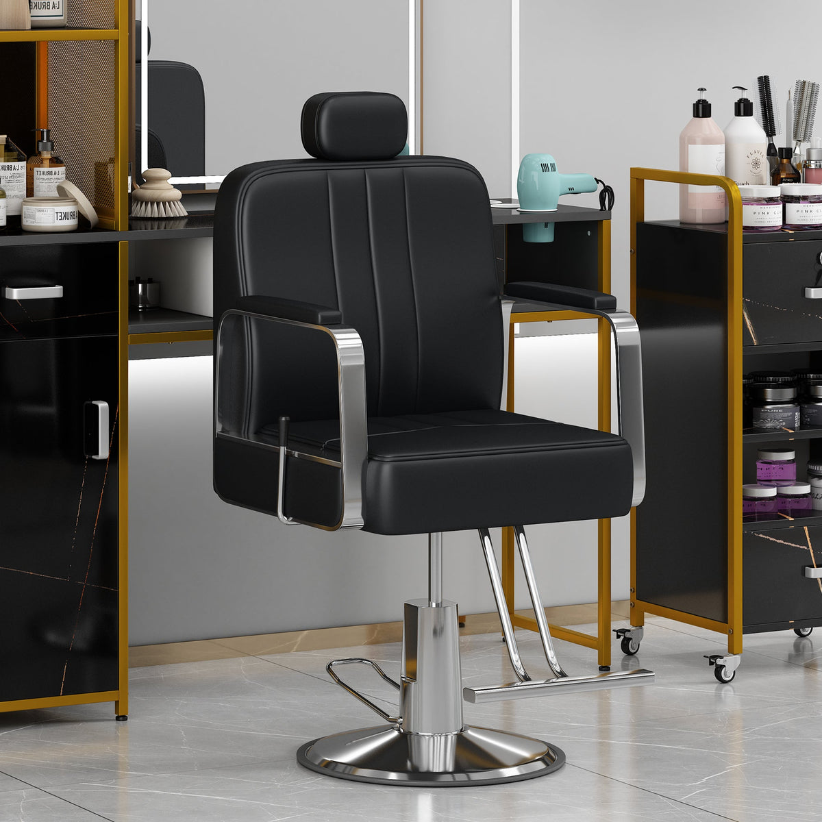 Premium Reclining barber Chair Salon Chair for Hair Stylist with Heavy Duty Hydraulic Pump, 360ยฐ Rotation Black American Smart