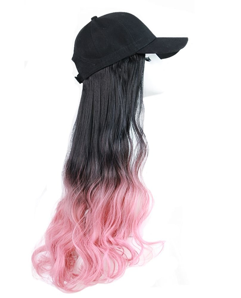 Black Baseball Cap with Pink Long Wavy Wig Mixed Color Synthetic Hair Extension Hat Wig Cap 7DAY'S