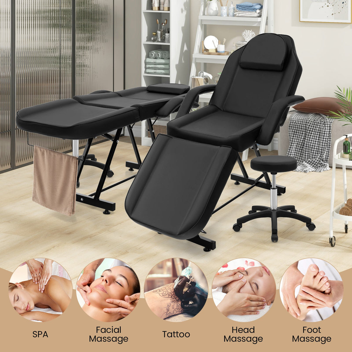 73 Inch Facial Chair Set with Removable Headrest Detachable Armrests and Towel Rack-Black Gamba Beauty