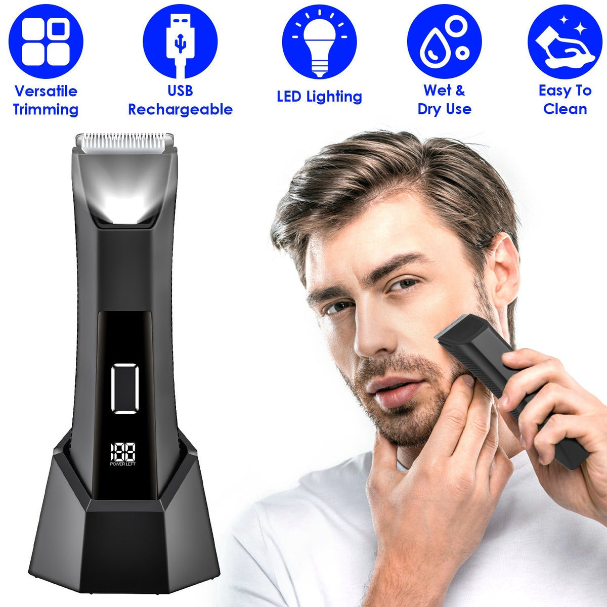 2 In 1 Electric Body Trimmer for Men Cordless Beard Groin Ball Pubic Hair Shaver IPX7 Waterproof Razor with LED Light LCD Display Guard Comb Shaving H GBruno Store