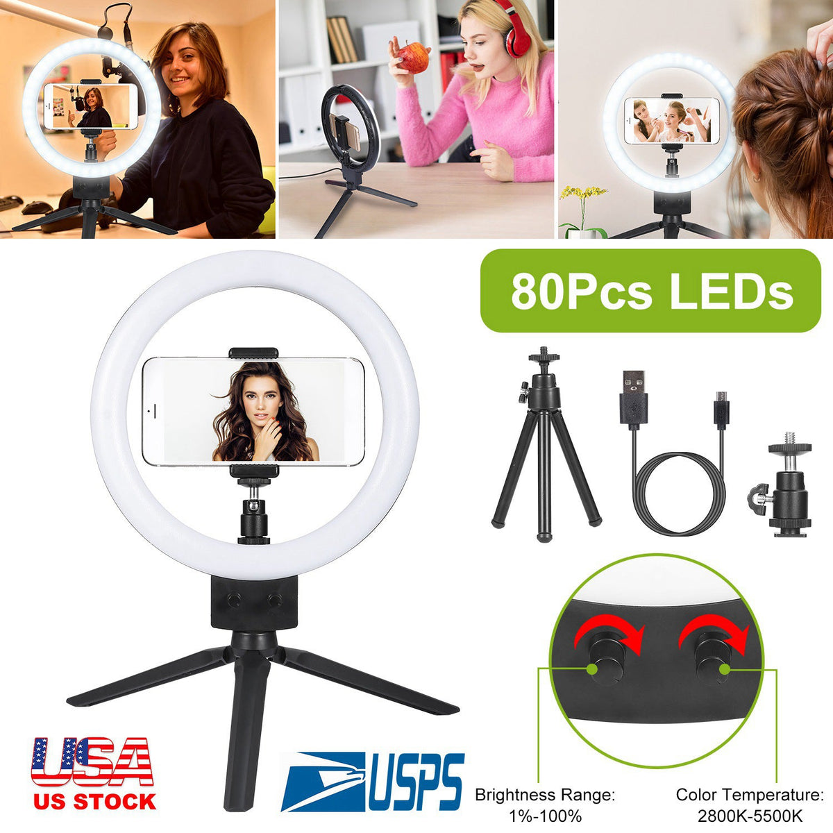 9" Dimmable LED Ring Light w/ Tripod Phone Selfie Camera Studio Photo Video Makeup Lamp Gamba Beauty
